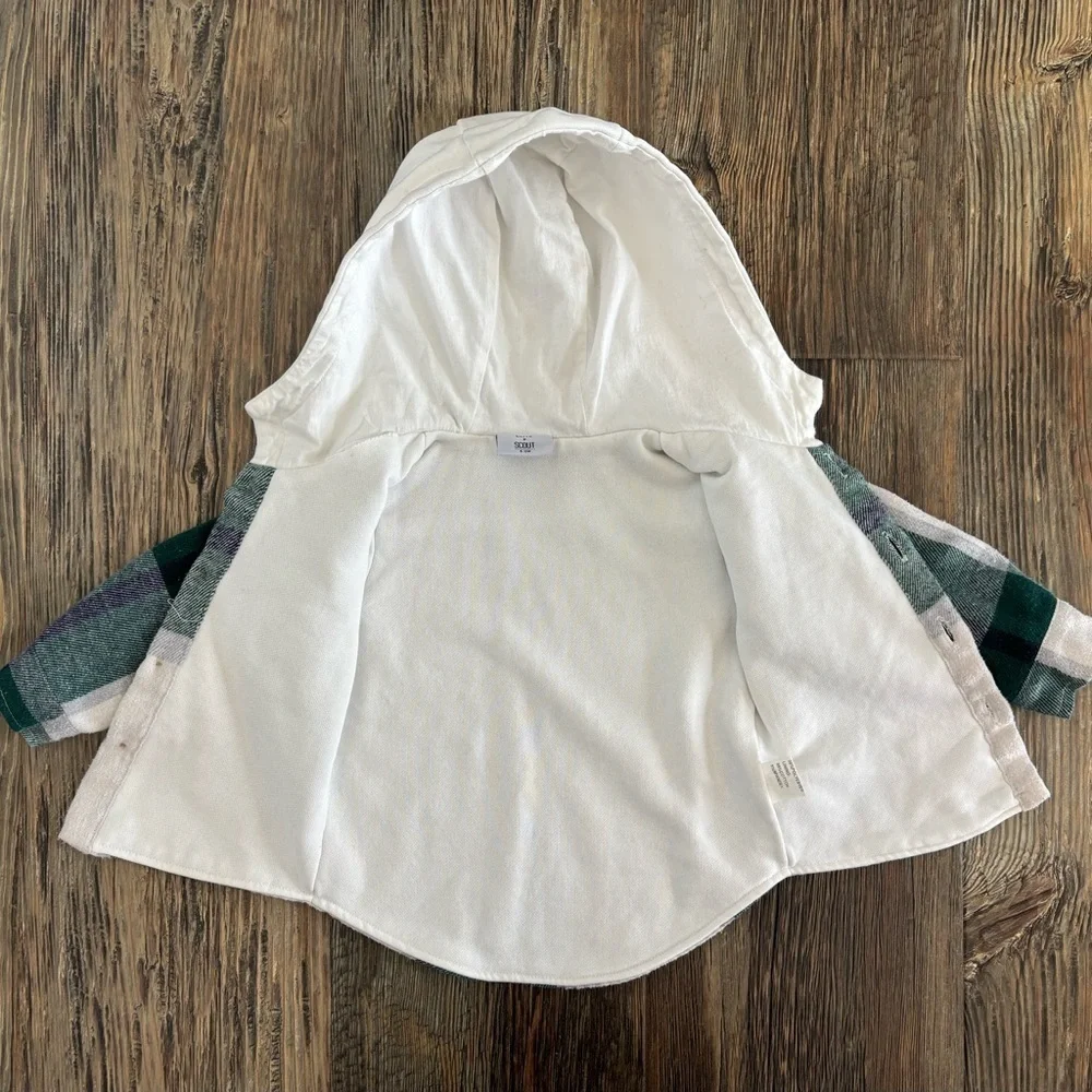 OLIVE+SCOUT Boys 6-12 Months Timber Shacket Green Plaid Hooded Flannel Jacket